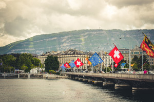 Geneve, Switzerland - 11 May 2014:  bridge with the European flags in the center of Geneva, Switzerland