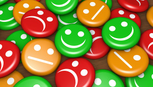 Business quality service customer feedback rating and survey with happy and not smiling face emoticon symbol and icon on badges button.