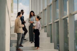 Nexus Communications talent and culture team meeting on a staircase to align on an employee value proposition activation plan for a large organization